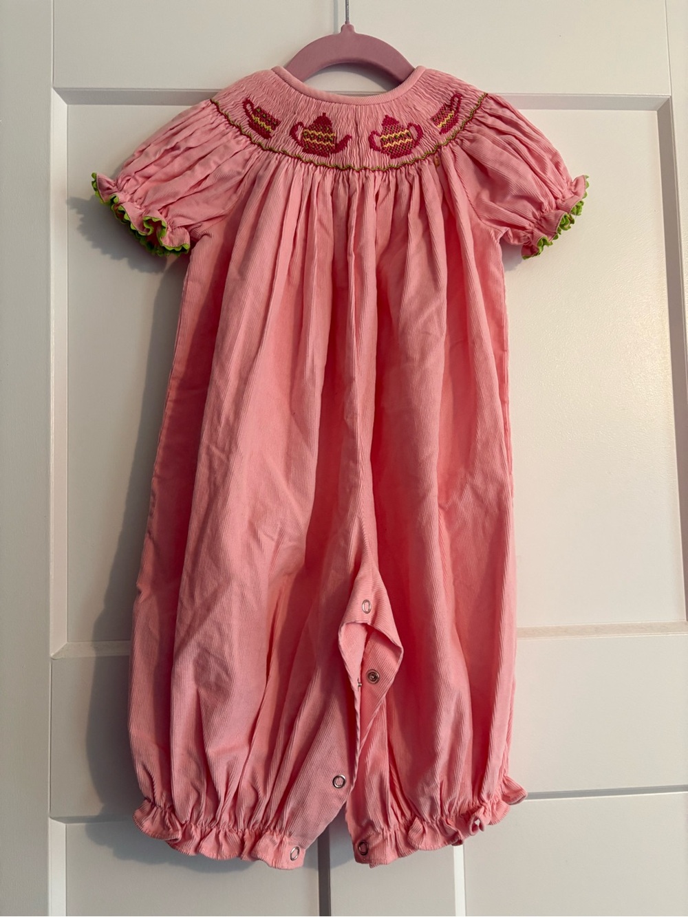 Be Mine Pink Smocked Tea Cup Sleep Sack with Green Trim